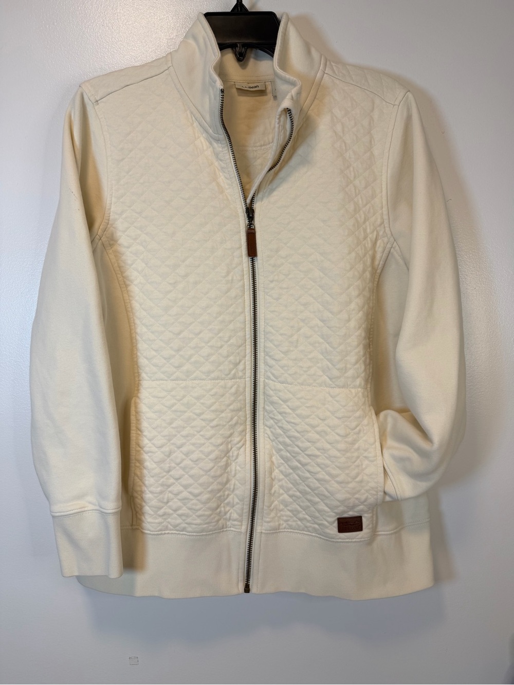 L.L. Bean Cream Quiltedâ Full-Zip Sweatshirt Mock Neck Pockets Womenâs Large